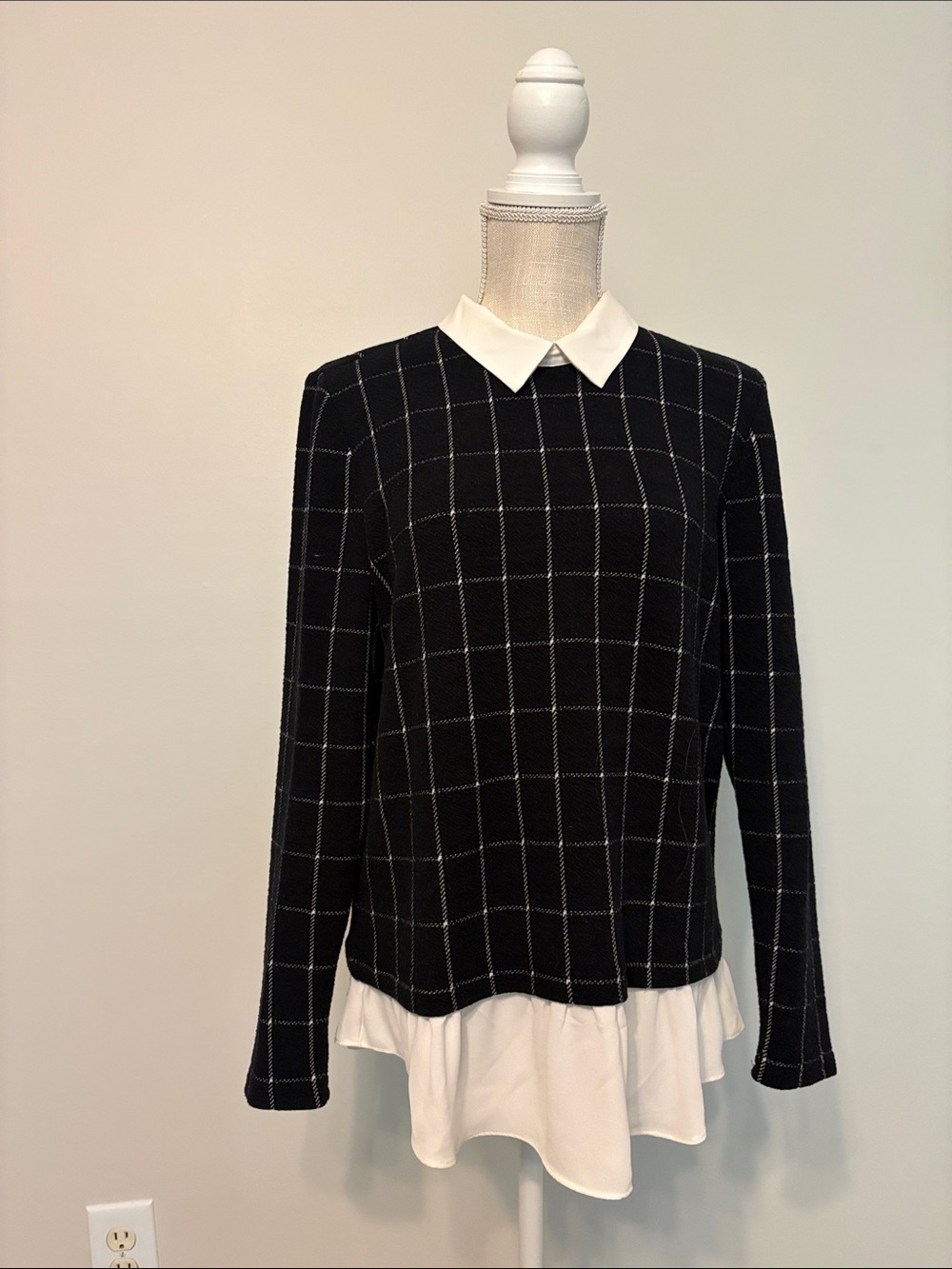 LOFT Black Windowpane Knit Tunic with White Collar & Hem